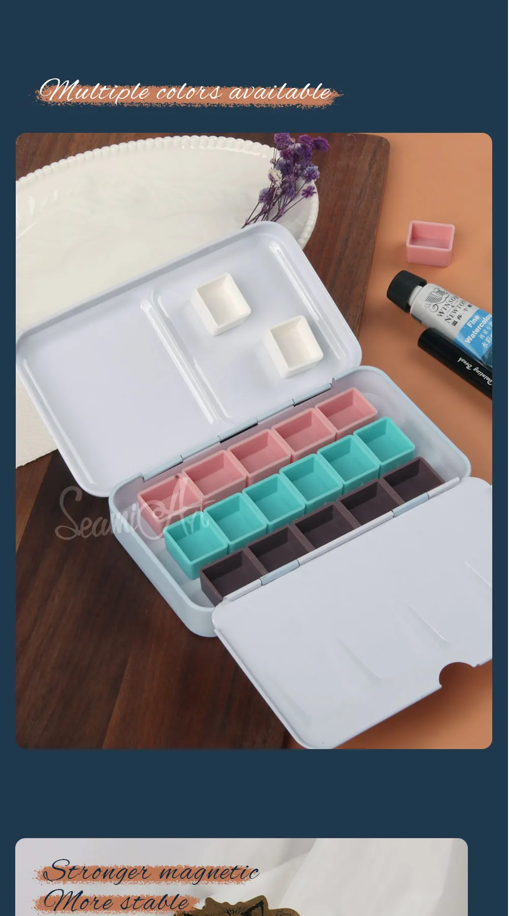 SeamiArt 50 Stück magnetische Halbfläschchen in vier Farben für Aquarellfarben, Unterverpackung in Blechdose, Palette, Malwerkzeuge, Kunstbedarf – Detail 5