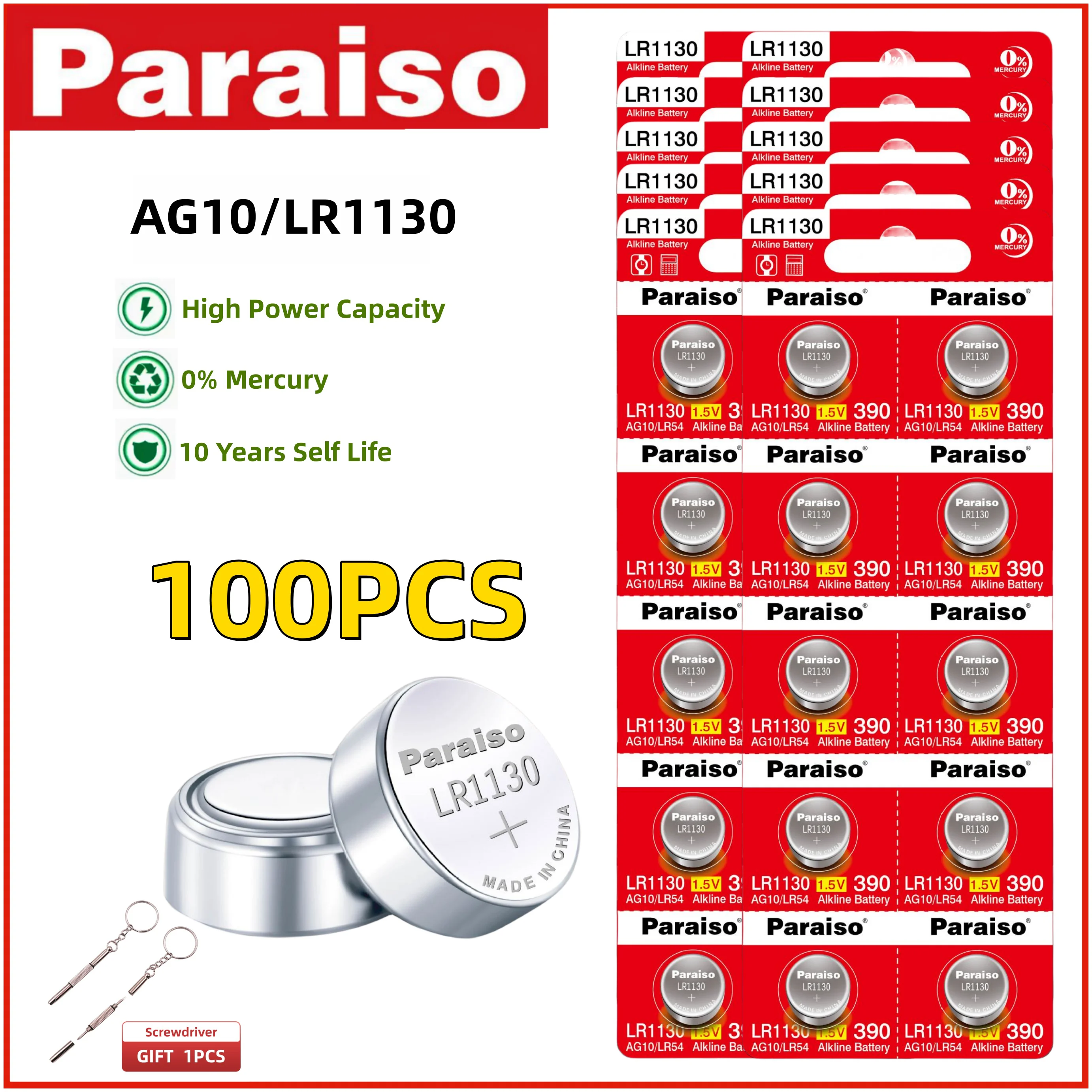 

Paraiso 4-100PCS LR1130 AG10 Battery 10Years Shelf Life 0% Mercury 1.5V Long-Lasting Alkaline Button Cell Batteries for Watches