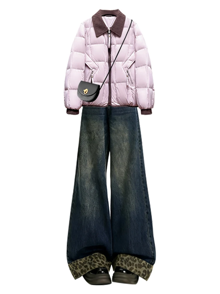 Winter Große Größe Damen College Sle Farbe Blo ort Baumwolle Jaet und Jeans mit weitem Bein Set Faionable und warmes Outfit