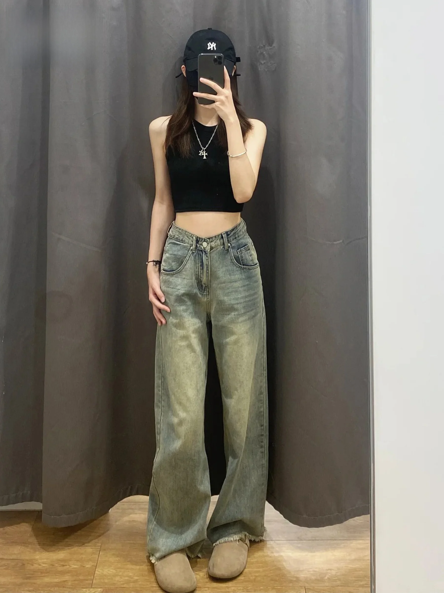 

Женские летние джинсы свободного кроя с широкими штанинами, высокой талией, в американском стиле, повседневные, с карманами, из денима, с эффектом похудения