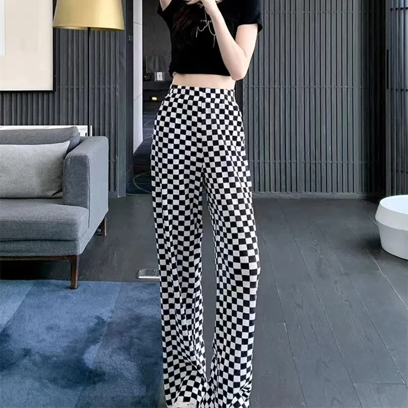 2024 Summer Women\'s New Spliced Elasticized High-waisted Printed Plaid Folds Fashion Loose Minimalist Versatile Casual Pants