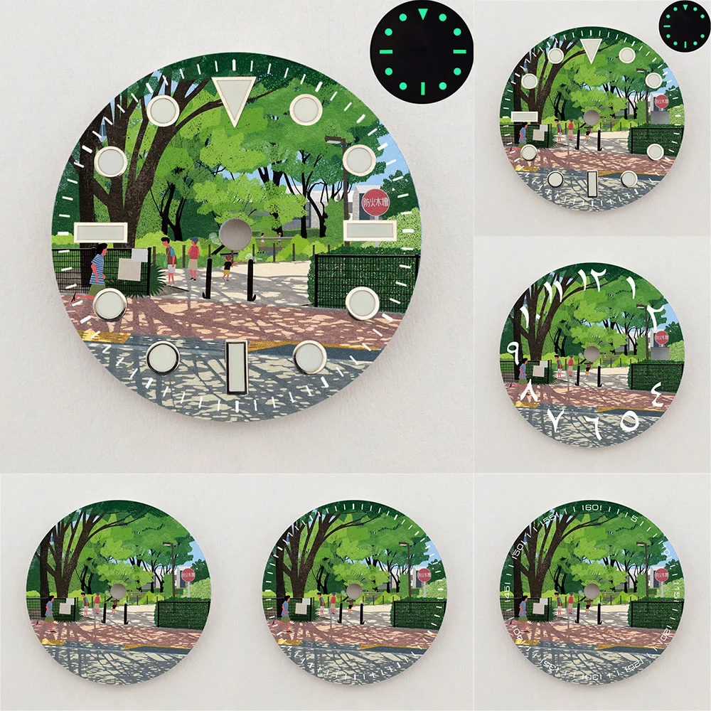 28.5mm NH35 Dial City Park Street Landscape Dial Luminous Dial Colorful NH36 Dial Watch Accessories Fits NH35/NH36 Movement