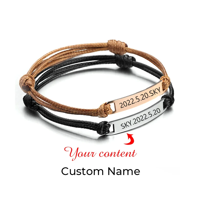 Fashion Polished Stainless Steel Tag Weave Rope Bracelets Custom Name Logo Personalized Bracelets for Women Men Jewelry Gifts