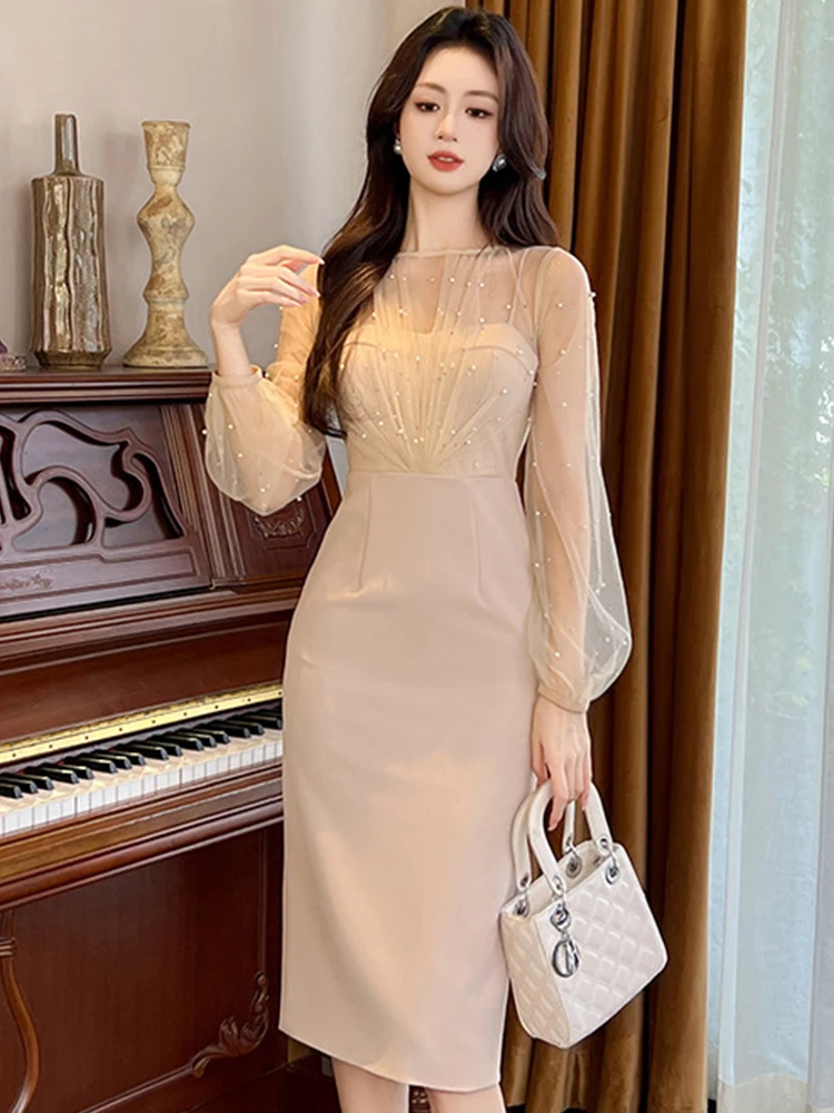 2023 Exquisite Elegant Prom Dress Women's Fashion Sexy Sheer Mesh Spliced Pearl Diamond Slim Robe Femme Evening Party Vestidos