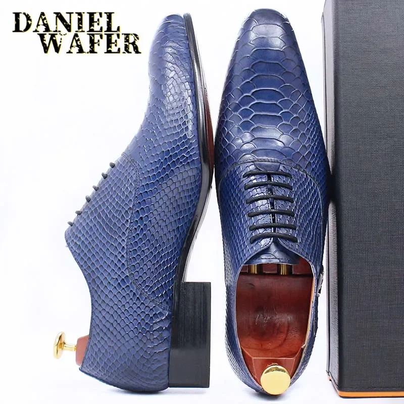 Men's Fashion Dress Leather Shoes Snake Skin Print Classic Lace-Up Oxford Formal in Wine Blue Coffee Black - Pointed Toe