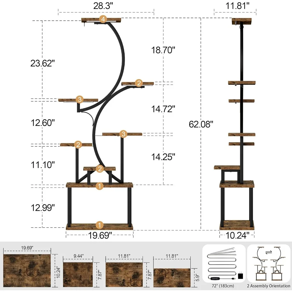 حامل نباتي داخلي مع أضواء للنمو - رف نباتي طويل 62، حامل نباتات زاوية مضاءة للنمو الداخلي، 8 زهور كبيرة متدرجة