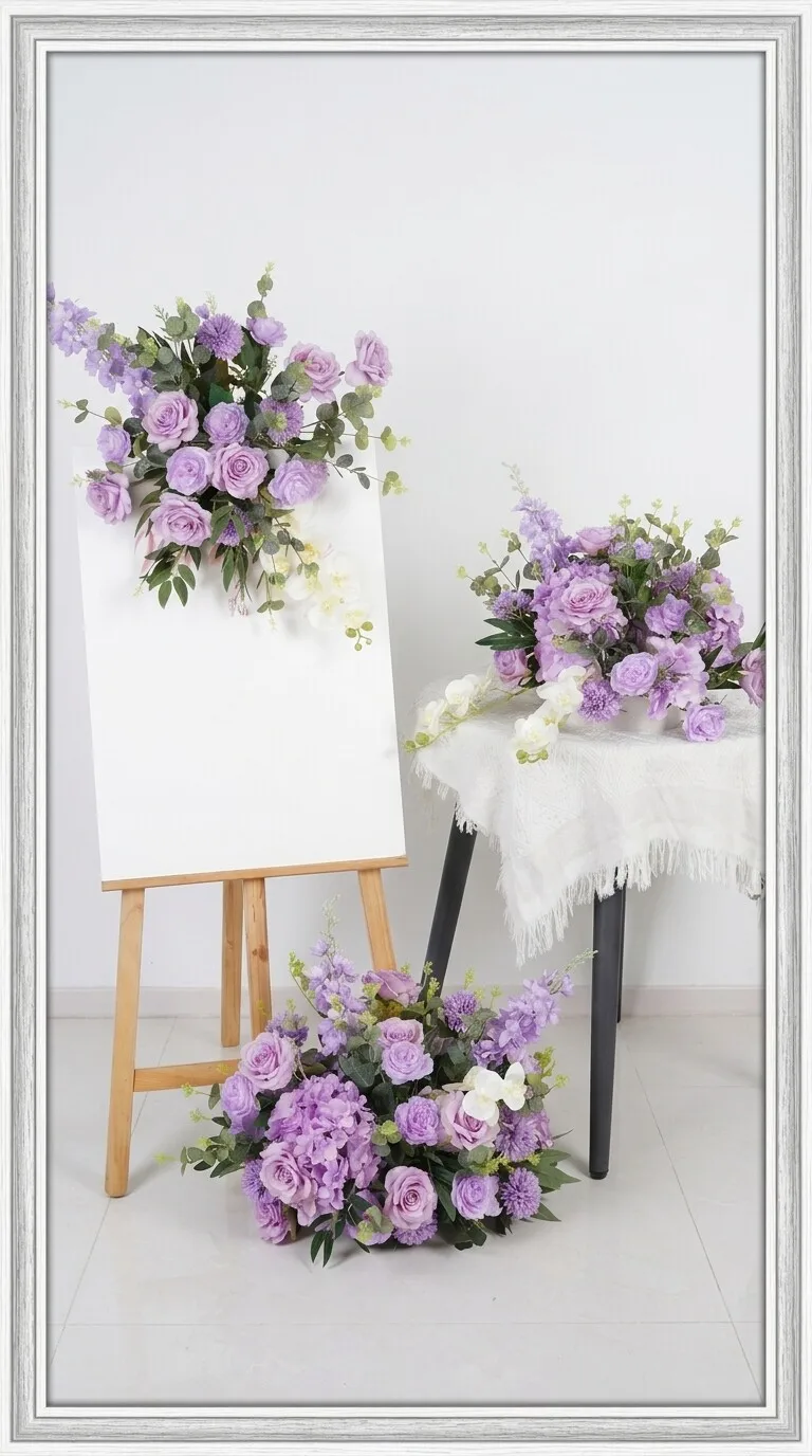 Lila Hortensien-Rosen-Blumenreihe als Bodenleitblume, luxuriöser Hochzeitshintergrund, Event-Bühnendekoration, Blumenarrangement, Bodenleitblume – Detail 6