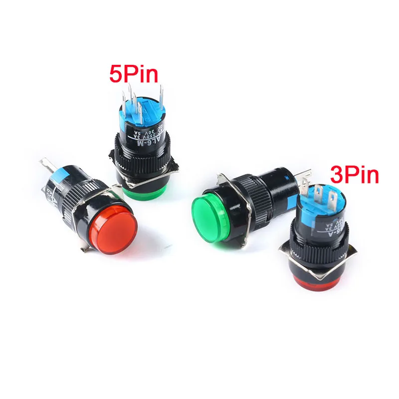 1-5Pcs 16mm LA16-11 LED Push Button Switch 24V 220V Round Plastic Momentary Self-locking Self-reset 5Pin 5A/250VAC Power Switch