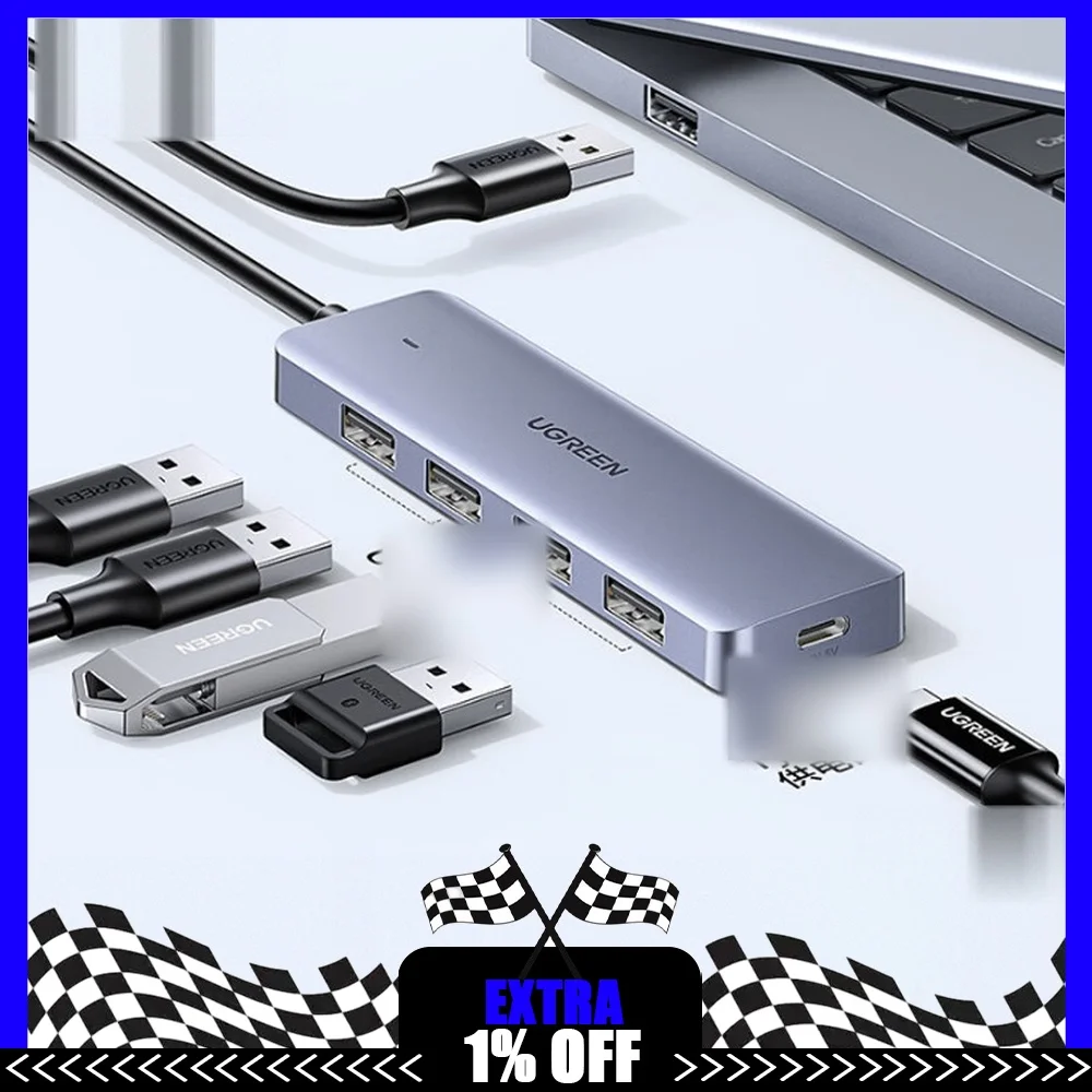 UGREEN 15917 USB 3.0 Hub 4-Port 5Gbps 0.5m Cable Type-C Power Input for Laptop Desktop Keyboard Mouse Flash Drive Hard Drive