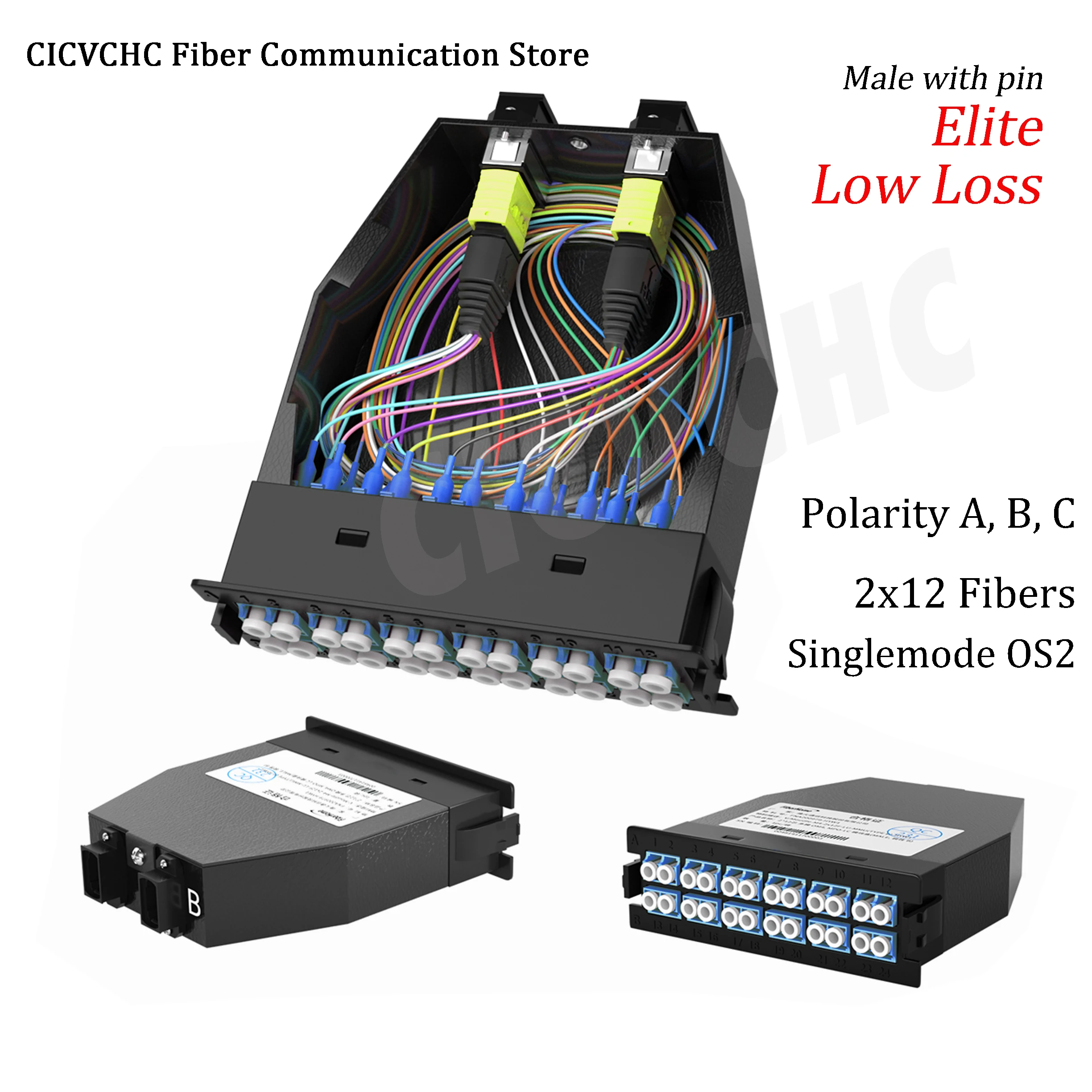 

2x12 Fibers High Density MPO/APC to LC/UPC Conversion Cassette Module, G657A2, Polarity A, AF, B,-LGX box Low loss