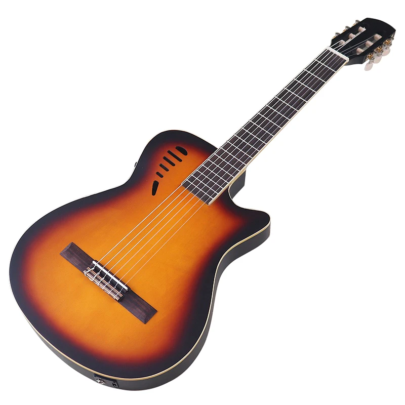 40 Zoll Silent Classic Gitarre, dünner Korpus, 6-saitige Fichtenholzplatte, Hochglanz, klassische Silent-Gitarre, natürliche und sonnenbrandfarbene Farbe