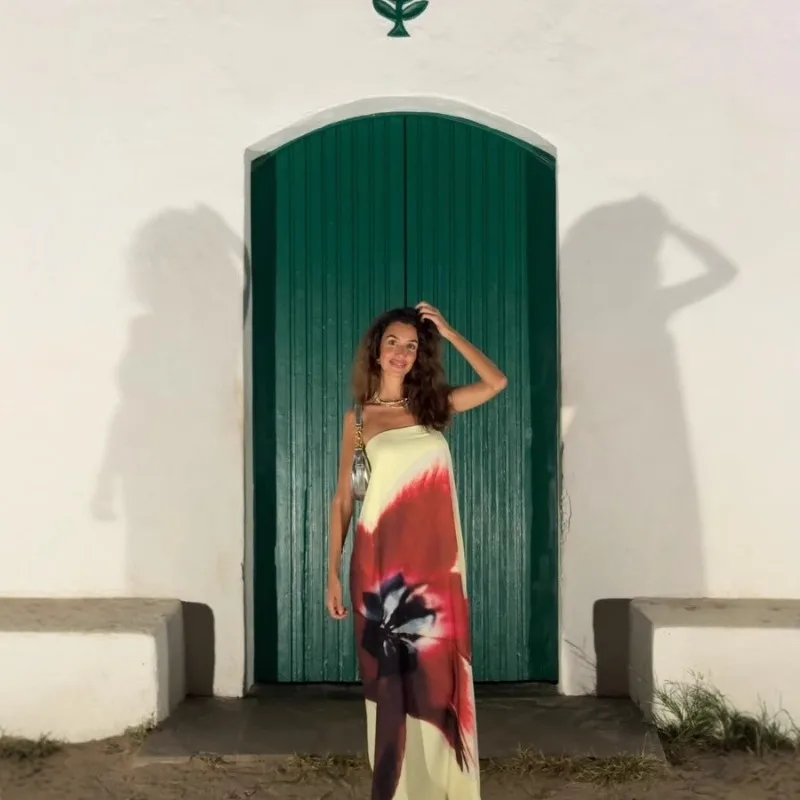 ชุดเดรสยาวสำหรับผู้หญิง ลายดอกไม้ แขนกุด สายเดี่ยว โชว์ไหล่ ดีไซน์เก๋ สีสันตัดกัน เหมาะสำหรับงานปาร์ตี้ช่วงฤดูร้อน