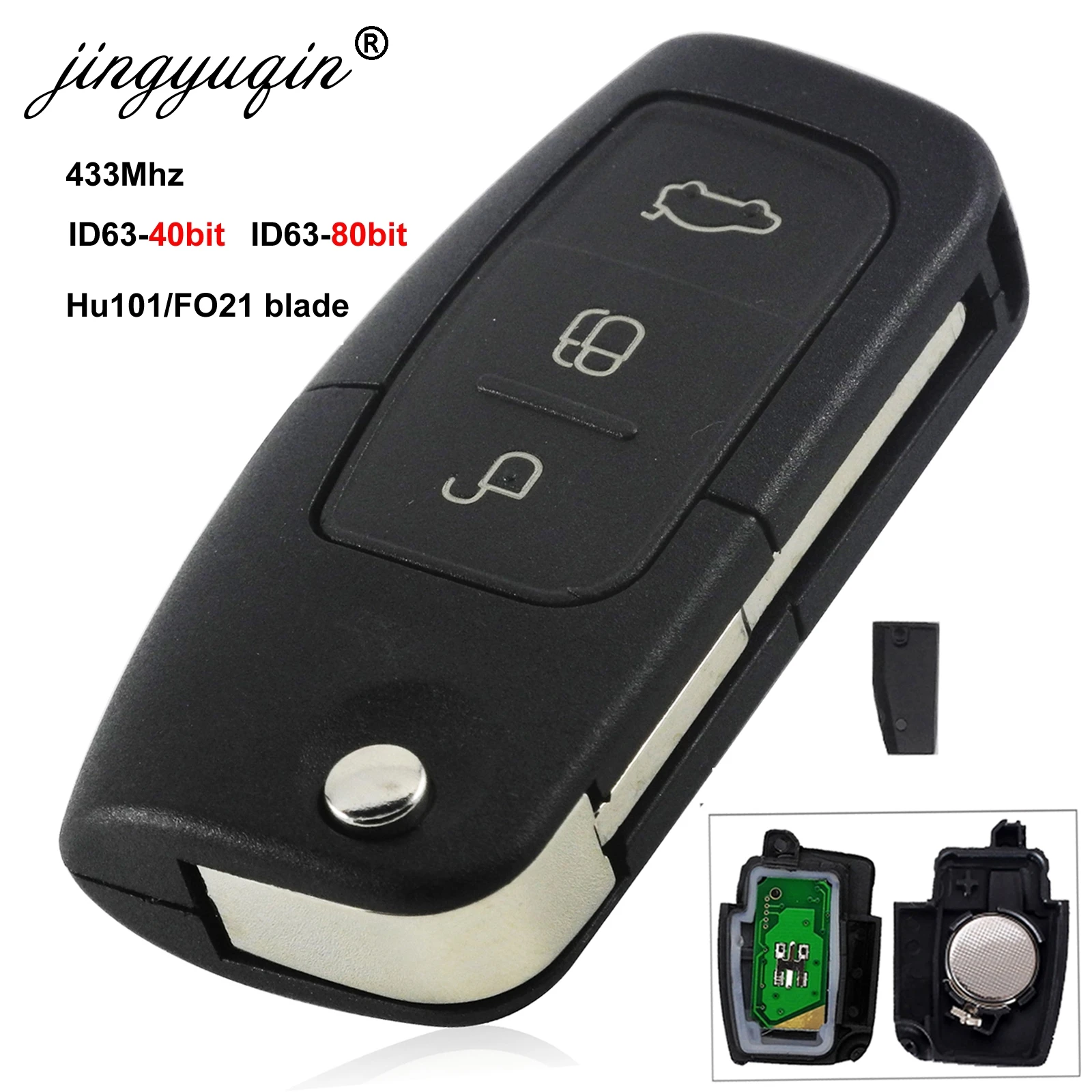 

Jingyuqin 433MHz ID63 ID60 Chip 3 Button Flip Folding Remote Control car Key for Ford Focus mondeo Fiesta HU101 FO21