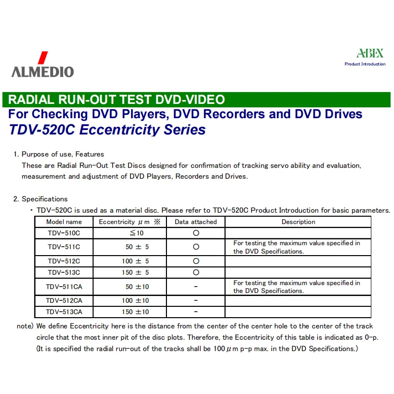 TDV-513C RADIAL RUN-OUT TEST DVD-VIDEO,TDV-512C Eccentricity Series,For Checking DVD Players, DVD Recorders and DVD Drives