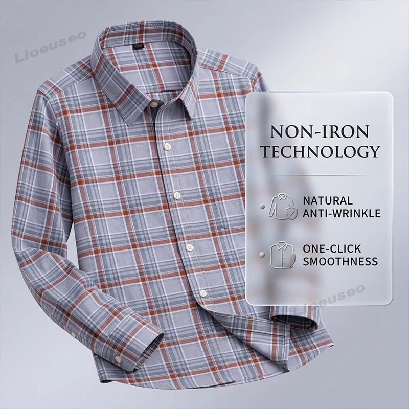 Cotton Oxford Shirts Men\'s Long Sleeve Fashion Casual Single Patch Pocket Dress Shirt Men Standard-Fit Button-Down Collar Shirts