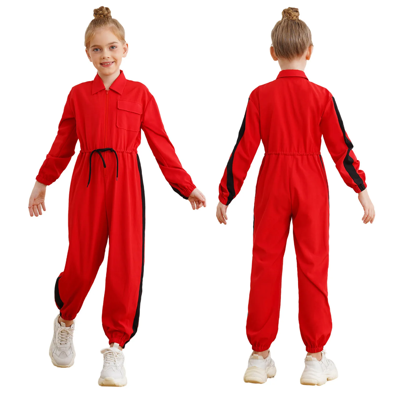 Kids Girls Fashion Color Block Jumpsuits Coverall Mechanic Boiler Suit Flightsuit Long Sleeve Zipper Drawstring Waist Rompers