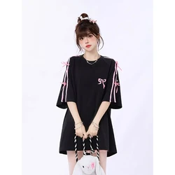 Korean Bow Short Sleeved T-shirt Women Summer Black Loose Sweet Spicy T-shirts Female Y2k Harajuku Oversized Embroidery Tee Tops