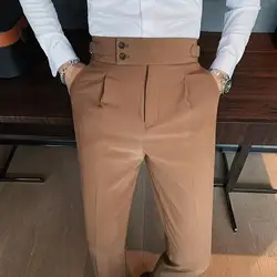 Pantalones formales clásicos para hombre, pantalones de oficina, ajuste Delgado, cintura alta, bolsillos Vintage, estilo Formal de negocios, pierna recta