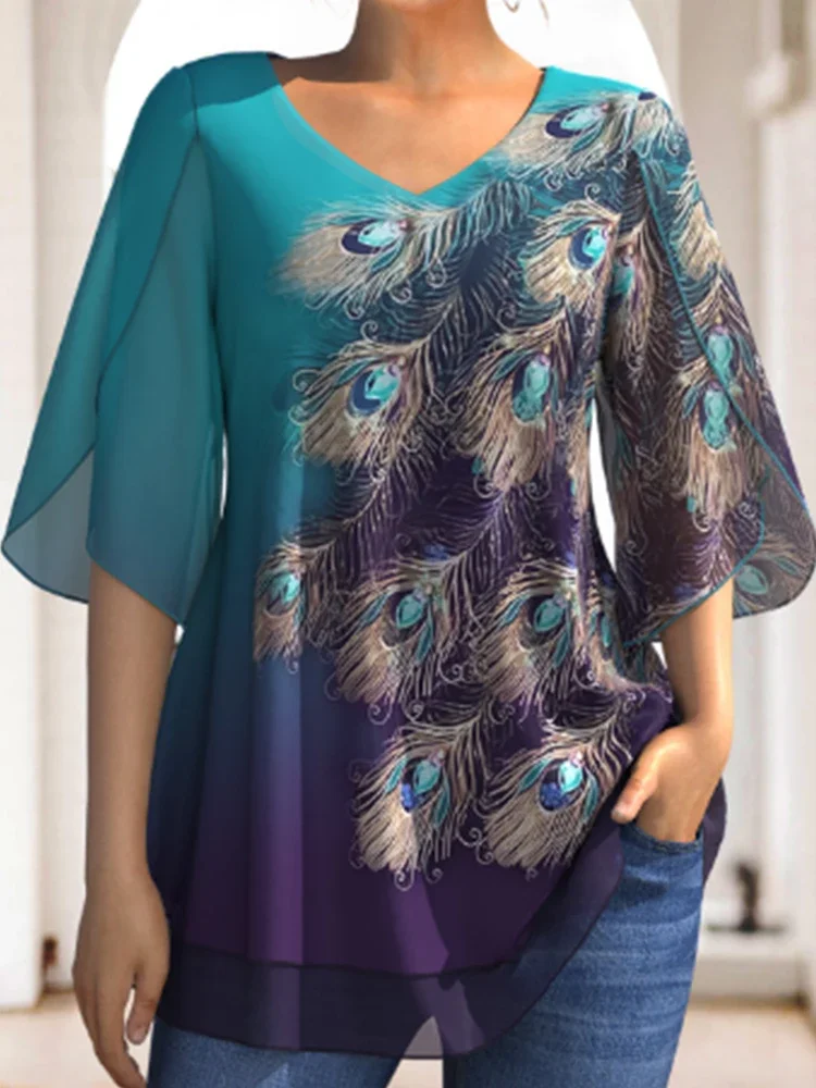 

Plus Size Women's Dressy Blue Ombre Feather Print V-Neck Double Layer Flower Top Fashion Clothing New Summer Short Sleeve Top