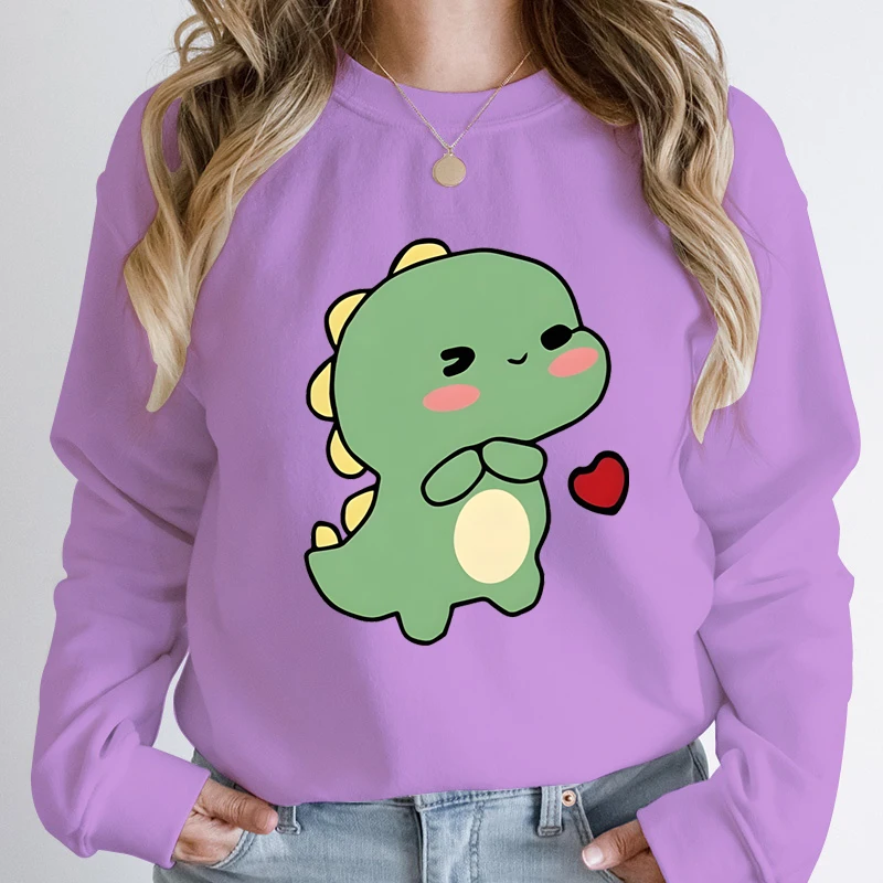 Herbst Winter beliebte Dinosaurier Herz druck Rundhals-Sweatshirts für Frauen Mode Kleidung Langarm Pullover