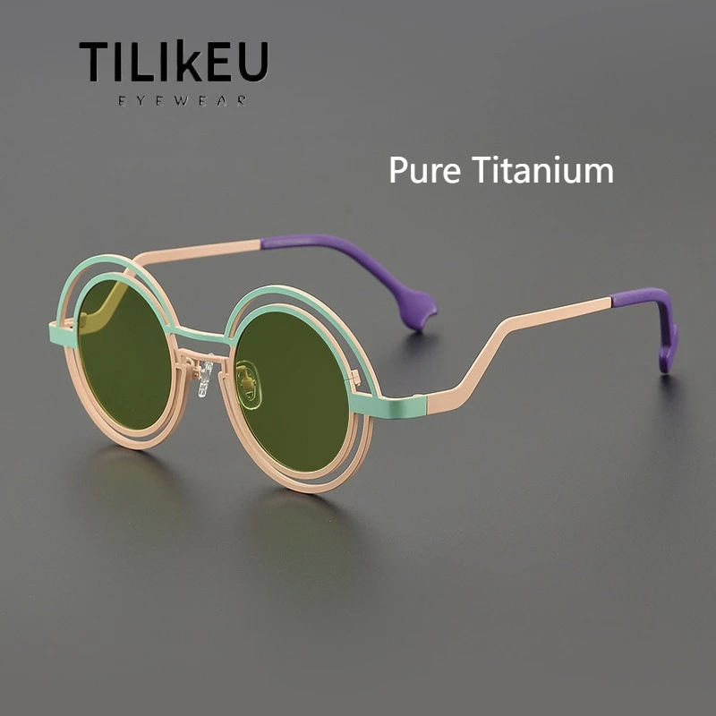 

Fashion Double Rim Pure Titanium Polarized Sunglasses Men and Women Trendy Unique Designer Round Eyewear UV400 Travel Party Show
