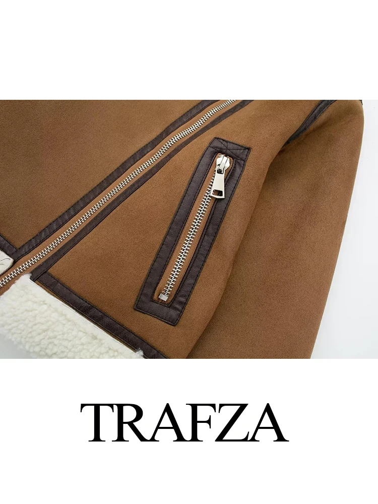 Trafza feminino inverno moda turn down collar pele de cordeiro tudo-em-um casaco bomber feminino bolso com zíper alta rua quente jaqueta curta