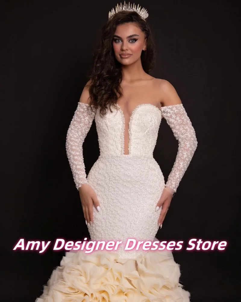 Customized Arabic Females Luxurious Off The Shoulder Wedding Dresses With Multi-Layered Ruffles Long Mermaid Bride Gowns 2025