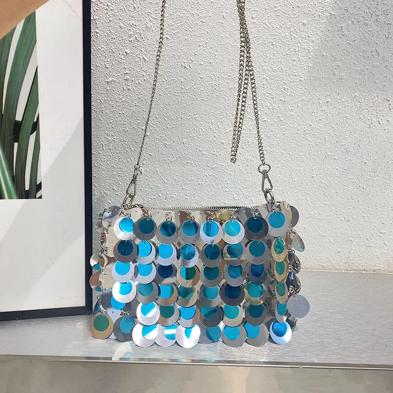 

Luxury Women Bags Designer Silver Metal Sequins Chain Woven Bag Evening Bags Clutch Female Travel Holiday Shoulder Bag Handbag