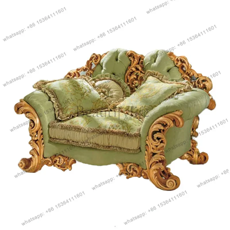

D36European living room mahogany carved sofa French shell parquet fabric sofa coffee table villa furniture