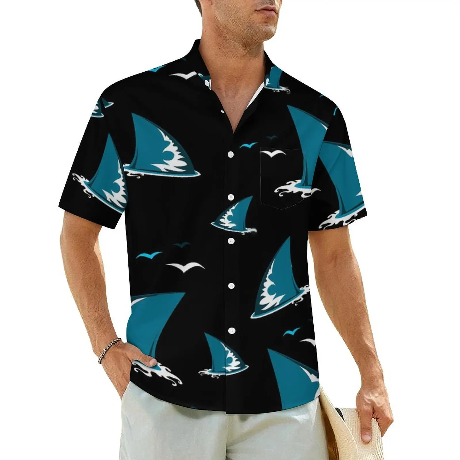 Shark Fin Beach Shirt Men Animal Print Novelty Casual Shirts Hawaiian Short Sleeves Streetwear Graphic Plus Size Blouses Gift