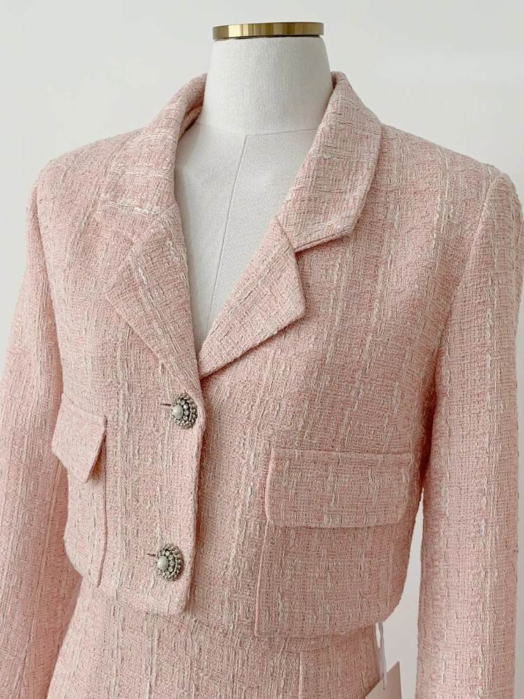 Elegant Fashion Pink Tweed Suit Women\'s Autumn 2023 Y2k High Quality Blazer Coat+Bag Hip Skirt Commuting Two-Piece Set