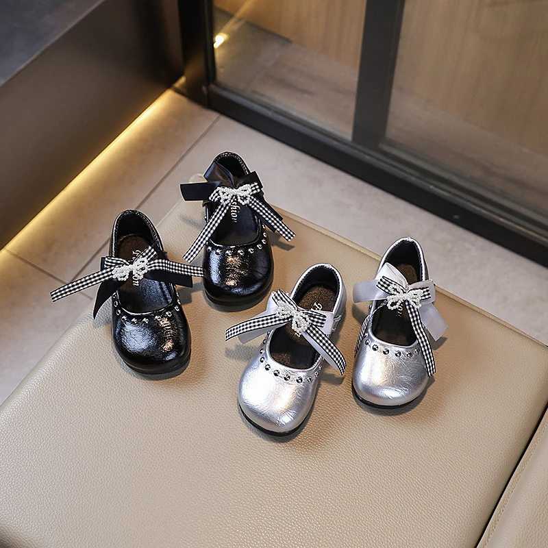 

2025 New Elegant Spring Autumn Girls Flats New Fashion Bowknot Kids Dress Princess Leather Shoes Children's Causal Party Shoes