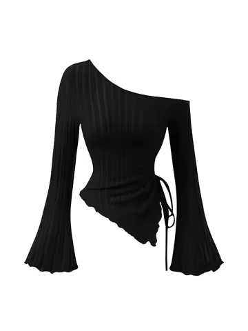 women's New off shoulder cross long sleeved slim fit casual street style asymmetrical elegant T-shirt trumpet sleeve top