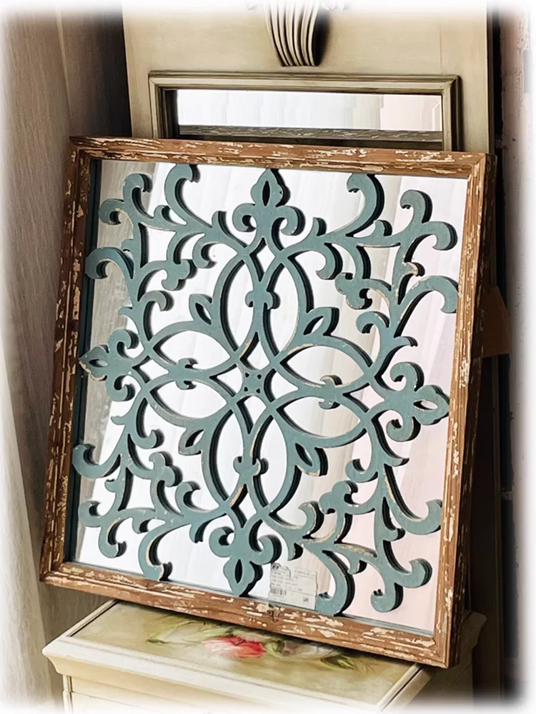 Vintage Shabby Chic Square Wall Mirror with Hand-Carved Floral Design: French Countryside Inspired Wall Decor