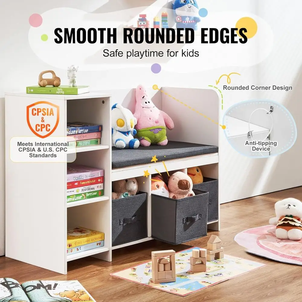 子供用読書コーナーベンチ、収納とクッション付き、6つのコンパートメントオーガナイザー、3つの引き出し付き本棚、プレイルーム、ベッドに最適