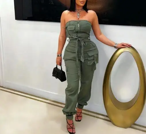 

Jumpsuit Women 2025 Summer New Solid Color Multi Pocket Design Strapless High Waist Casual Lace Up Workwear Cuffed Jumpsuit