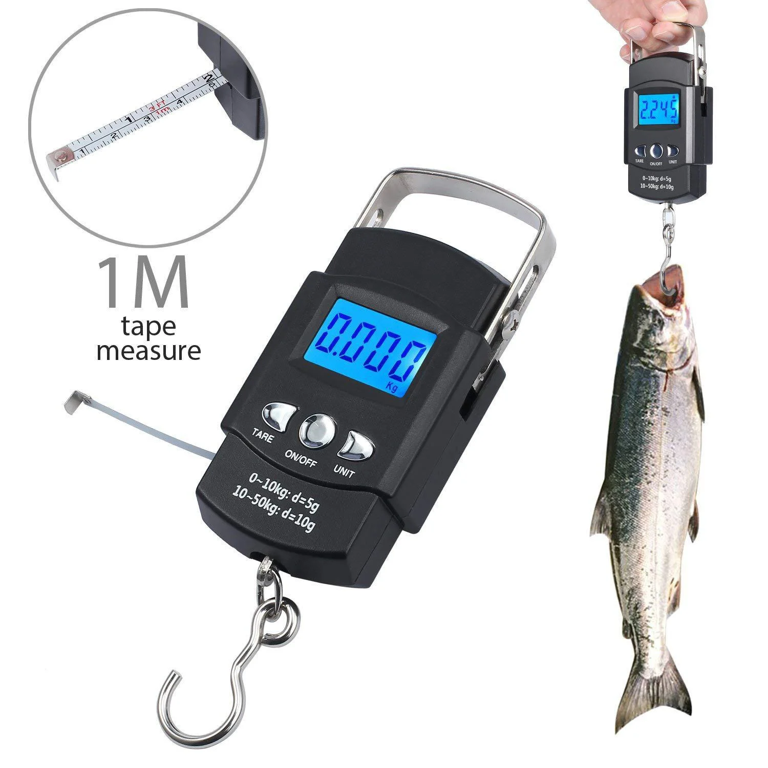 FLYSAND Electronic Scale Backlit LCD Display 110lb/50kg with Measuring Tape Balance Digital Fishing Hanging Hook Scale Tool image 4