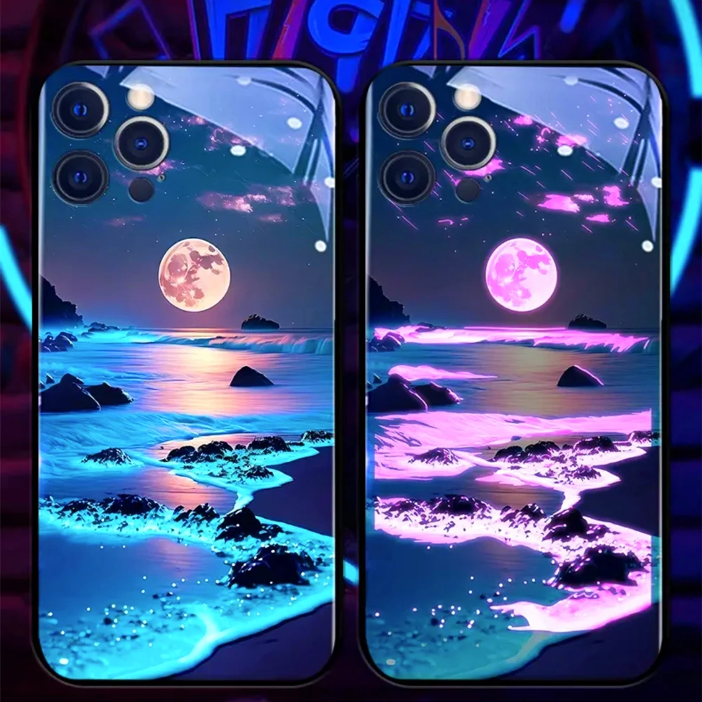 Lucky Beach Moon Sea Smart LED Light Glow Tempered Glass Phone Case For iPhone Air 17 16 15 14 13 12 11 Pro Max Plus view 5