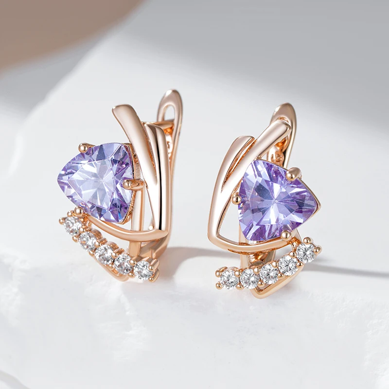 Kinel Hot Sparkling Purple Natural Zircon English Earrings for Women Fashion 585 Rose Gold Color Vintage Party Daily Jewelry