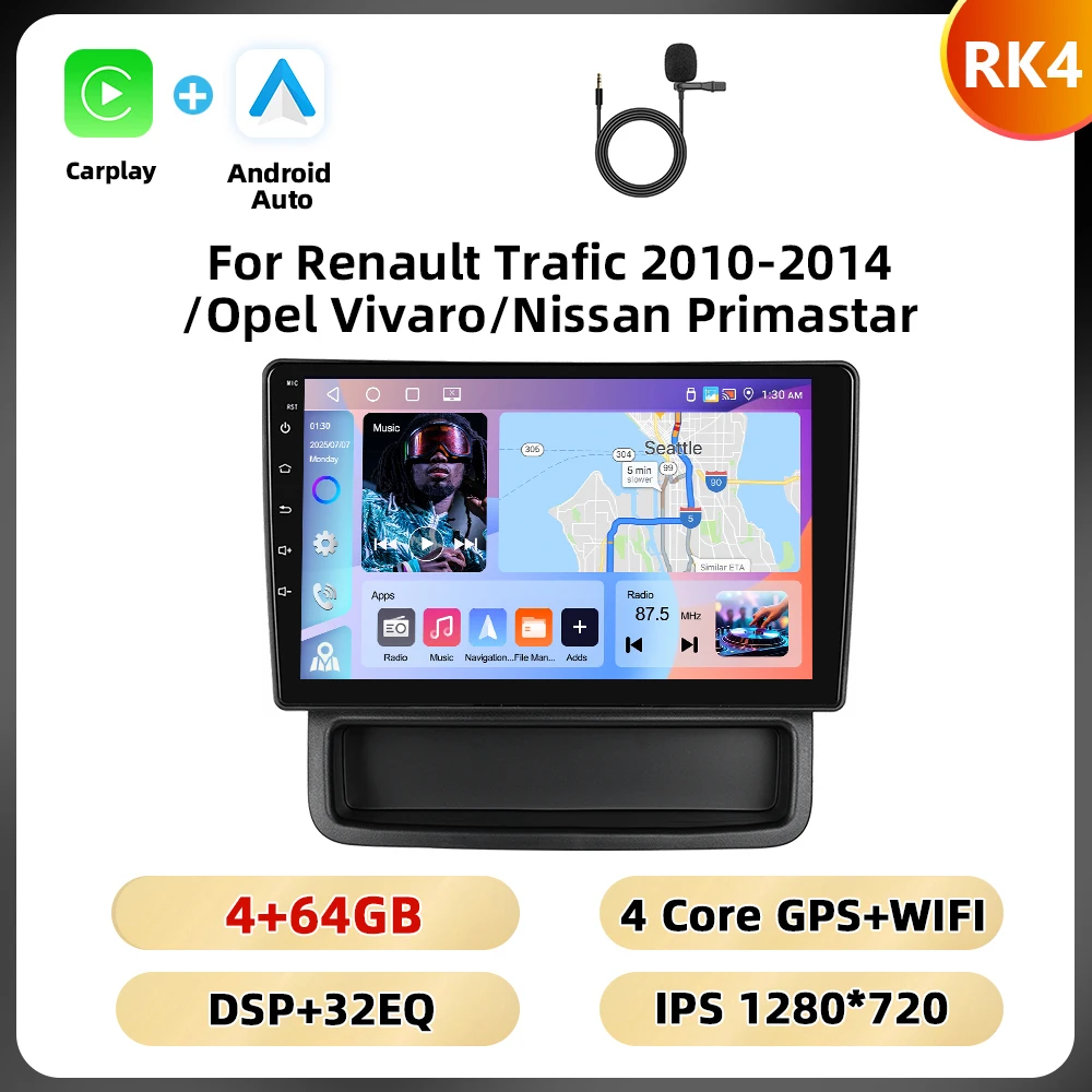 Podofo 10.1 ''8 Core Car Audio For Renault Trafic 2010-2014/Opel Vivaro/Nissan Primastar Carplay Android Auto Qualcomm DSP RDS