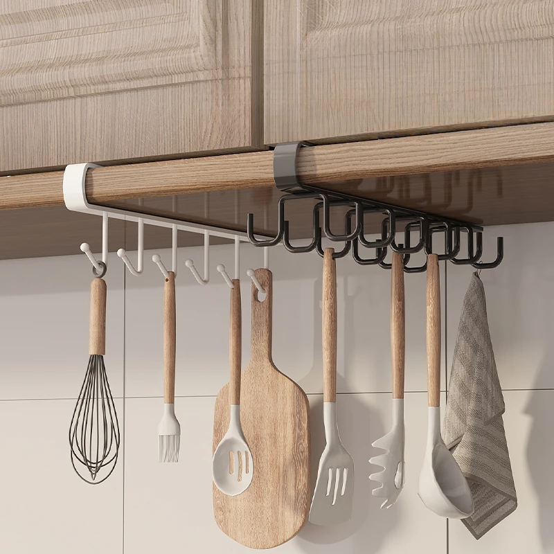 Household Kitchen Cabinet Bottom Shelf Hanging Hook, Non Perforated Cloth Rack, 6-Hook Organizing Rack, Spatula Hanging Rack