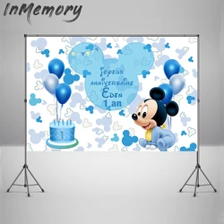 Blue Mickey Mouse Birthday Backdrop White Mickey Mouse Head Background for 1st Birthday Vinyl Baby Shower for Boy