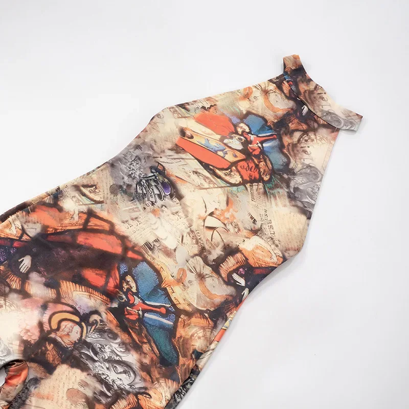 Mulheres estéticas impressão magro halter playsuits moda sem mangas sem costas ruched pêssego quadris magro clube macacão na altura do joelho geral