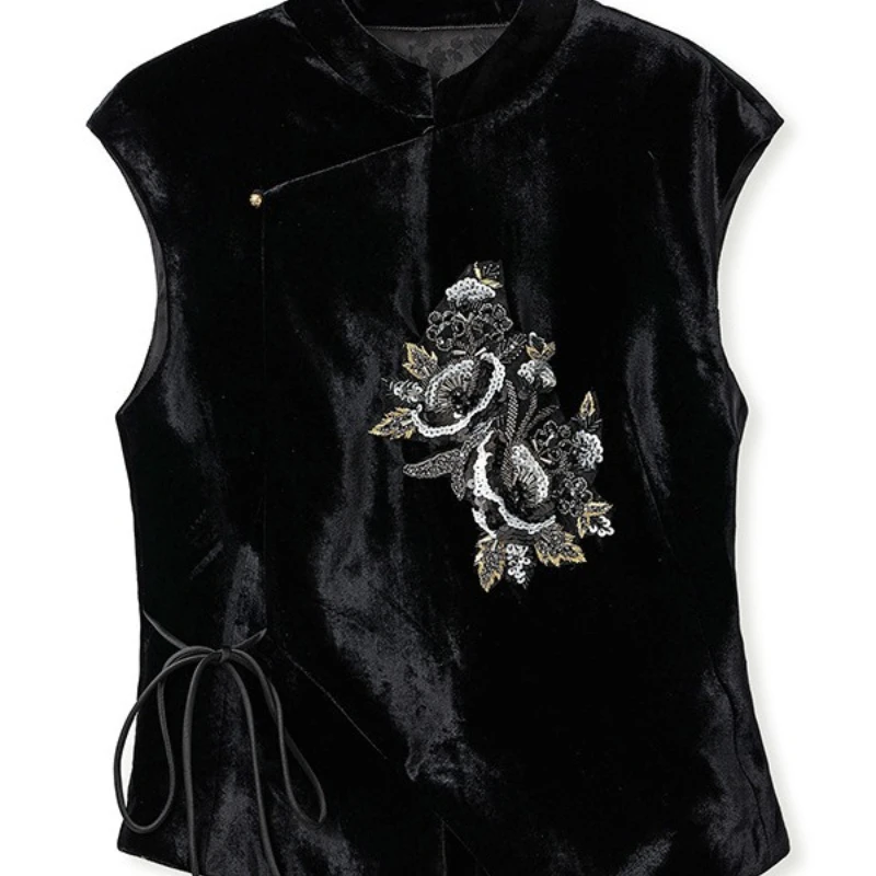 

National style black mulberry silk vest | New heavy industry embroidered velvet vest, retro Chinese temperament family core
