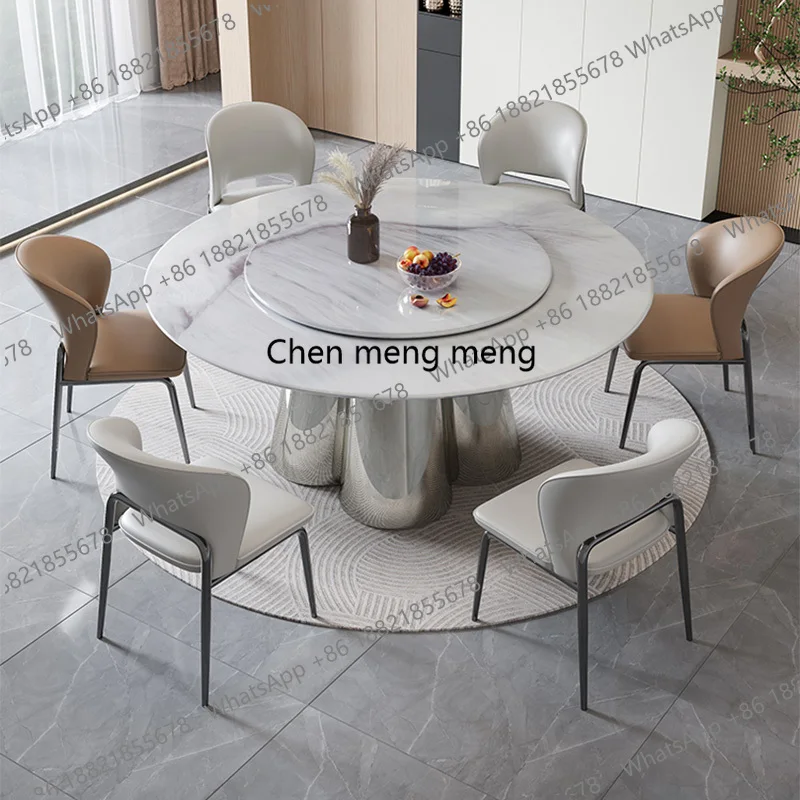 Modern Restaurant Kitchen Table with Stainless Steel Base Round Dining Room Table Durable Luxury Dining Table with Rotating Tray