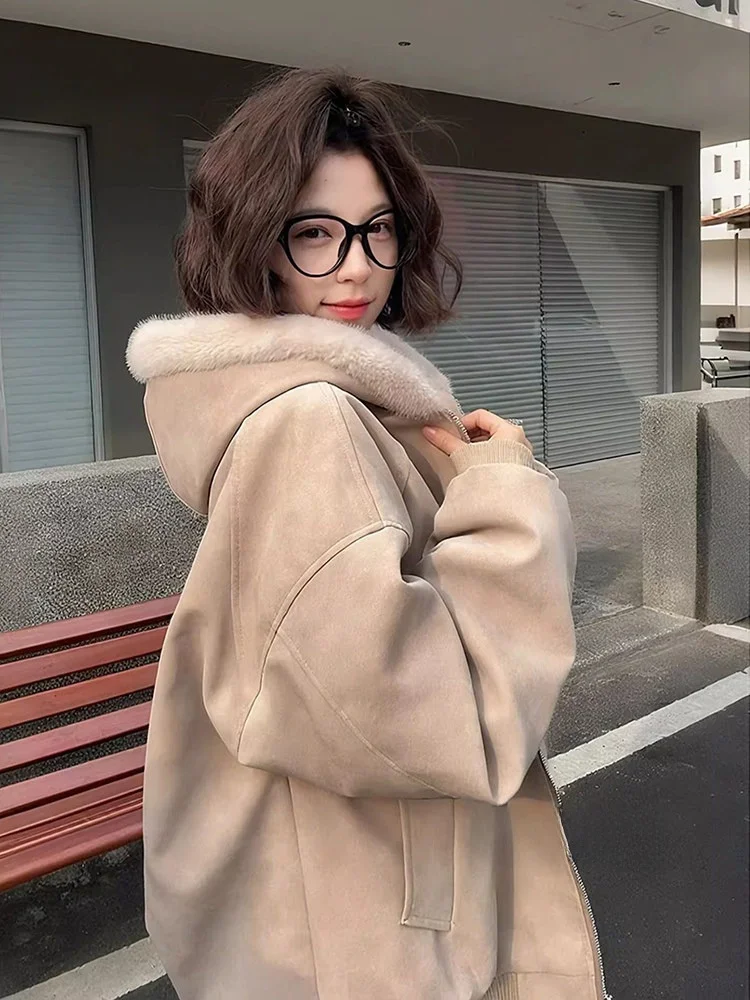 

American Retro Lamb Velvet Women's Jaet Winter Thiened Hooded Matte PU Leather Northeast Cotton Coat Long Sve Zipper C...