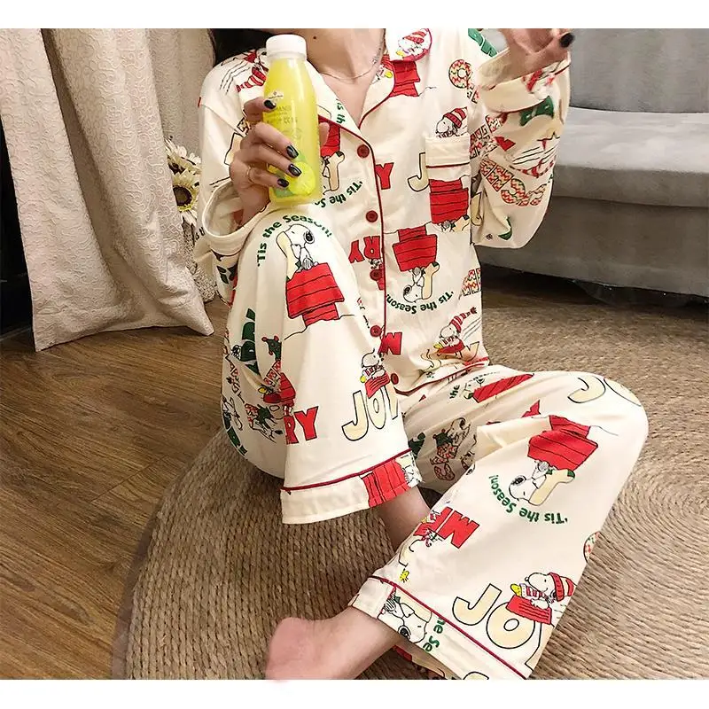 Ins Christmas Tree Snoopy Pajamas Cartoon Soft Female Cardigan Couple Long Sleeved Trousers Anime Home Service Suit Girls Gifts