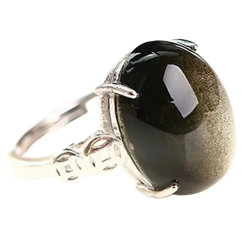 Anel Obsidiana de Ouro Natural para Homens e Mulheres Pedra de Cristal Anel Ajustável em Prata Esterlina, Presente da Riqueza, Contas 16x12mm, AAAAA