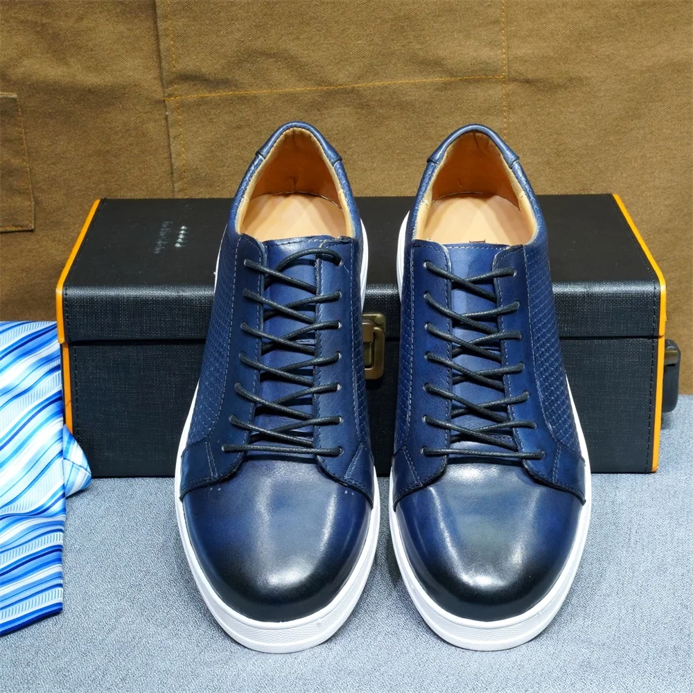 Fashion Mens Casual Shoes for Office Company Cowhide Genuine Leather Lace-up Blue Black Brown Sneakers Flat Derby Footwear Male