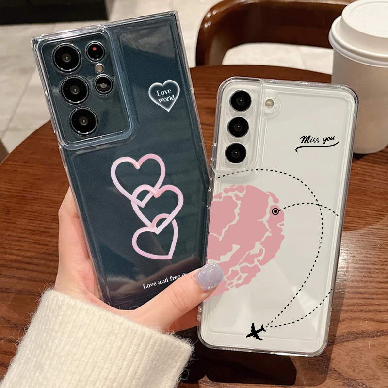 Lovely Pink Hearts Case For Samsung S26 S25 Ultra S24 Plus S22 S23 S21 FE A54 A15 A35 A55 A16 A36 A56 A17 A37 A57 5G Clear Cover